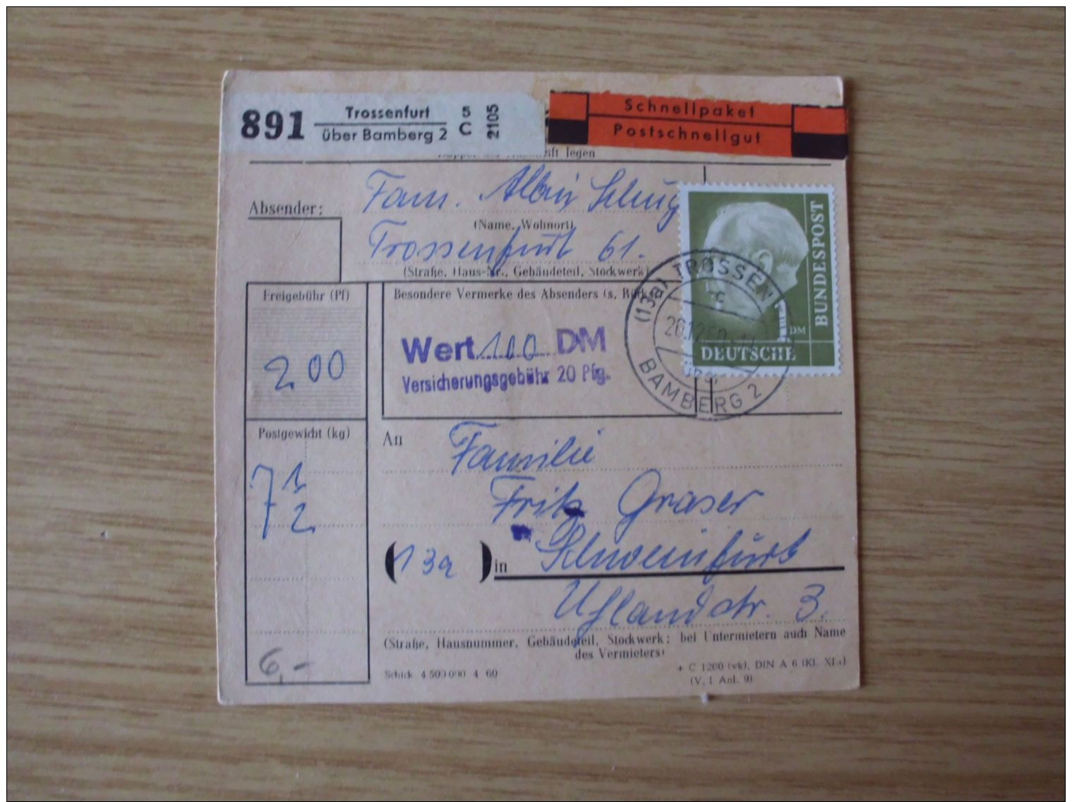 1959/60, SAMMLUNG PAKETKARTEN mit der HEUSS-AUSGABE mit STEMPEL von TROSSENFURT über BAMBERG