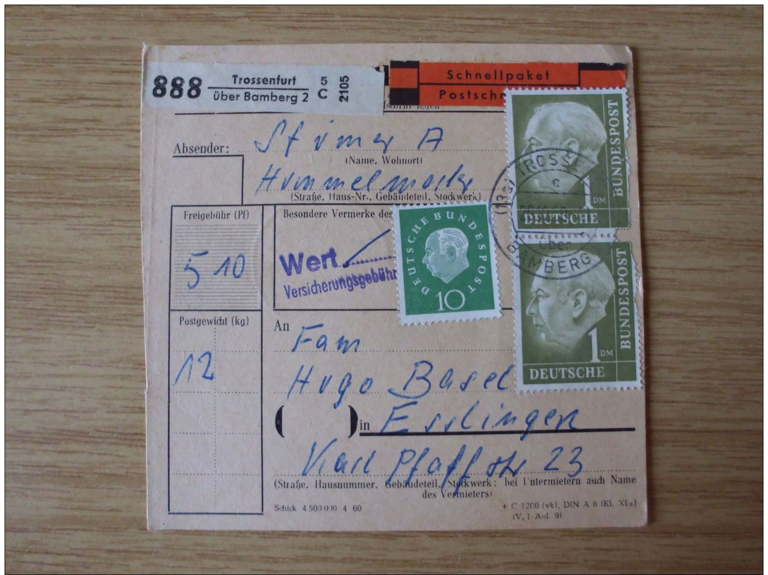 1959/60, SAMMLUNG PAKETKARTEN mit der HEUSS-AUSGABE mit STEMPEL von TROSSENFURT über BAMBERG