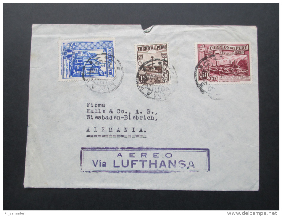 Peru Luftpostbeleg 1938. MiF. Aereo Via Lufthansa. Dreifarben Frankatur. Compania General De Anilinas S.A. - Peru