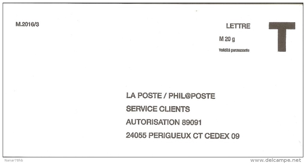 Lettre T La Poste/Phil@poste 20re Validité Permanente - Cards/T Return Covers