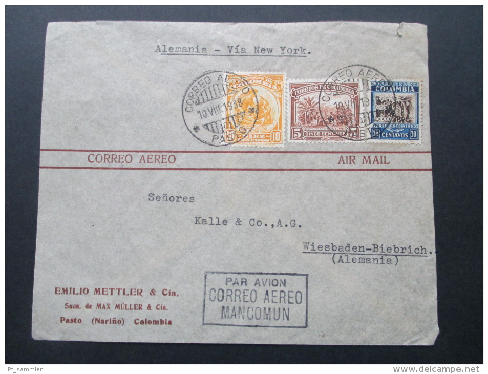 Kolumbien 1938 Luftpostbeleg Correo Aereo. Mancomun. Alemania - New York. Emilio Mettler & Cia - Colombia