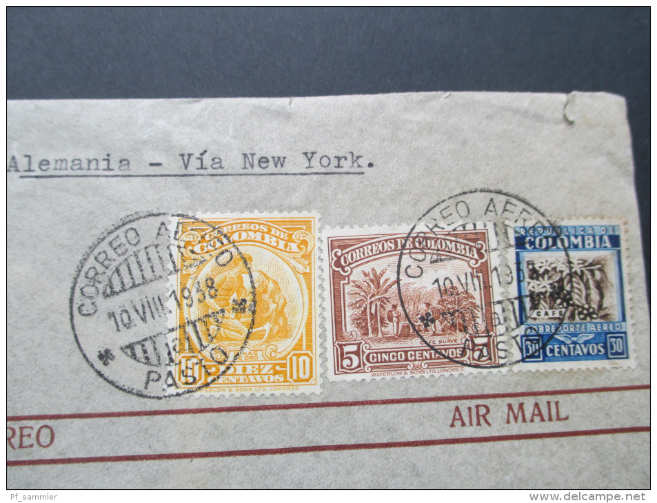 Kolumbien 1938 Luftpostbeleg Correo Aereo. Mancomun. Alemania - New York. Emilio Mettler & Cia - Colombia