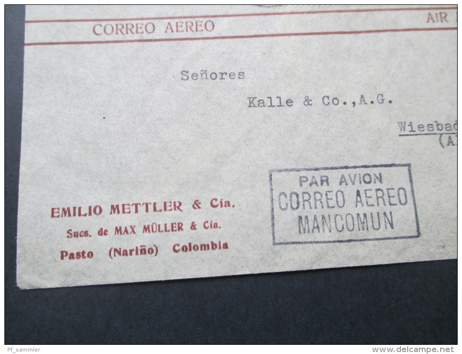 Kolumbien 1938 Luftpostbeleg Correo Aereo. Mancomun. Alemania - New York. Emilio Mettler & Cia - Colombia