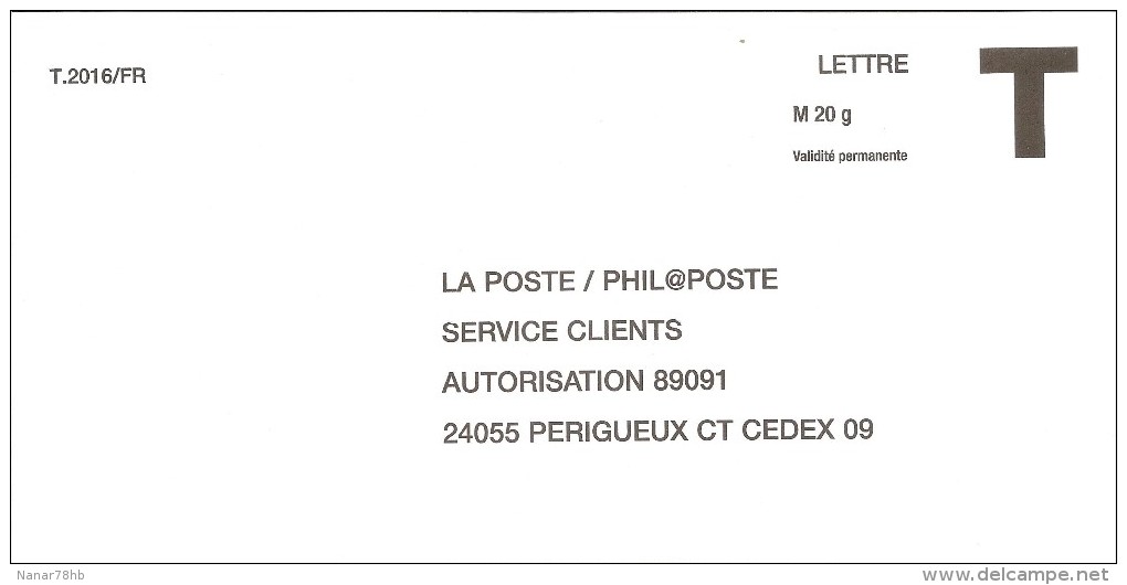 Lettre T La Poste/Phil@poste 20re Validité Permanente - Cartes/Enveloppes Réponse T