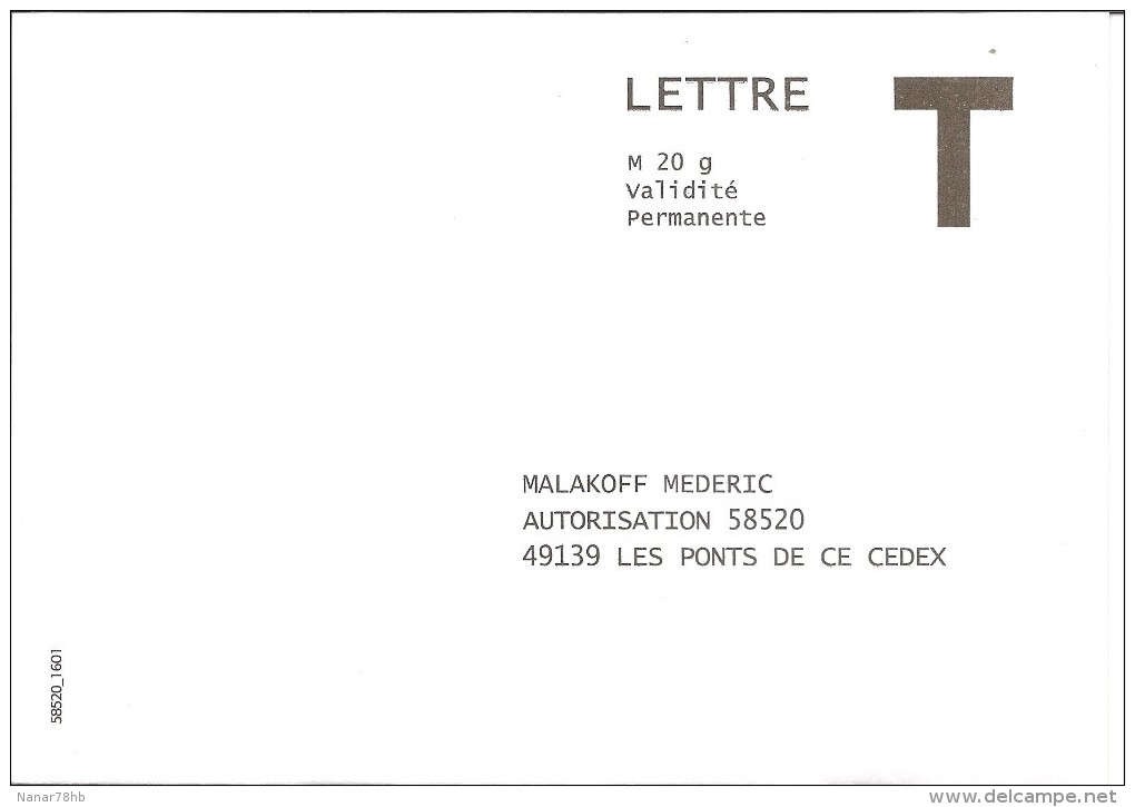 Lettre T Malakoff Mederic 20g Validité Permanente Lettre - Karten/Antwortumschläge T