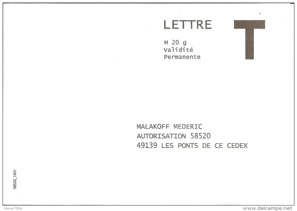 Lettre T Malakoff Mederic 20g Validité Permanente Lettre - Buste Risposta T