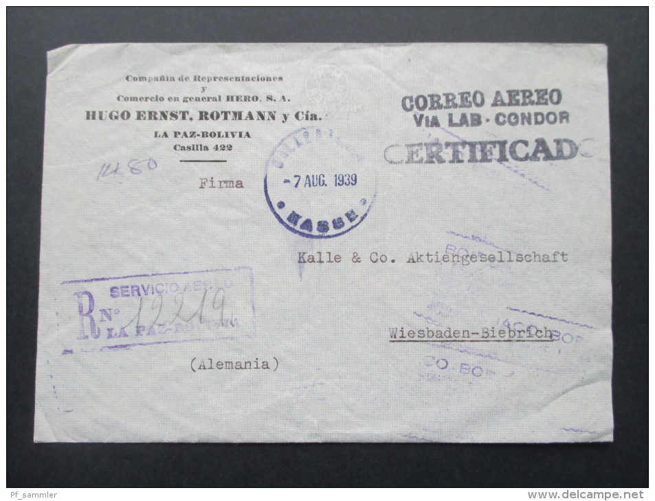 Bolivien 1939 Luftpostbeleg Correo Aero / Via LAB Condor. MiF.Registered Letter/Certificado. Marken Rückseitig Frankiert - Bolivie