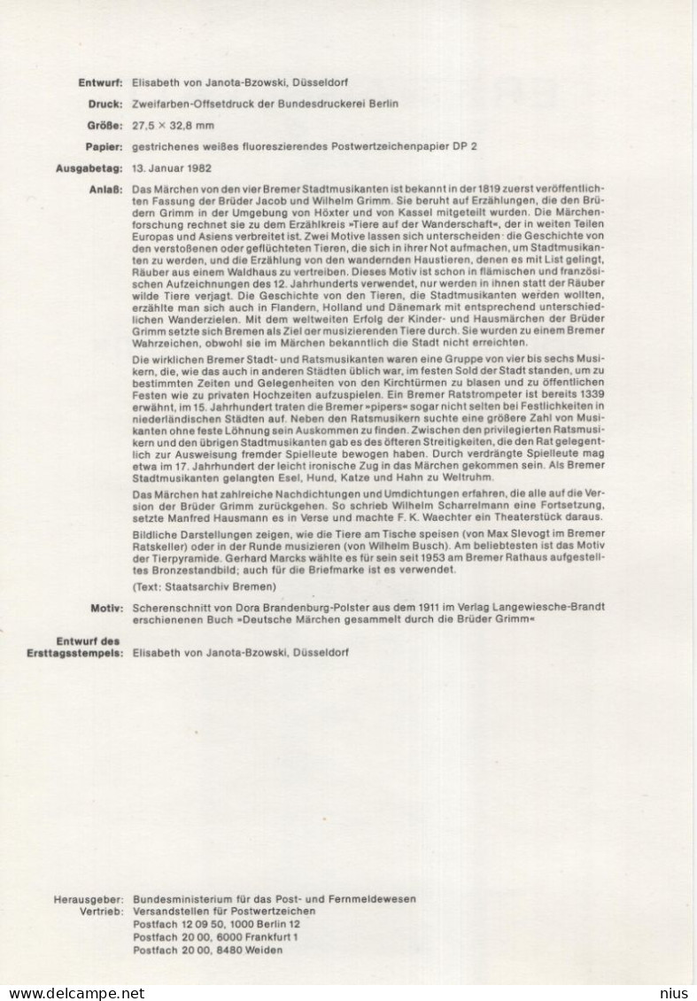 Germany Deutschland 1982-03 Bremer Stadtmusikanten, Music Musik Musique, First Day Sheet, Canceled In Bonn - 1981-1990