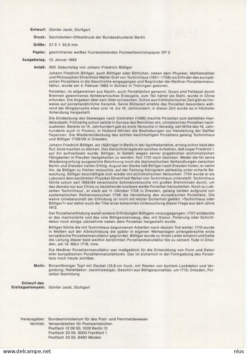 Germany Deutschland 1982-01 Johann Friedrich Bottger, Alchemist Porcelain, First Day Sheet, Canceled In Bonn - 1981-1990
