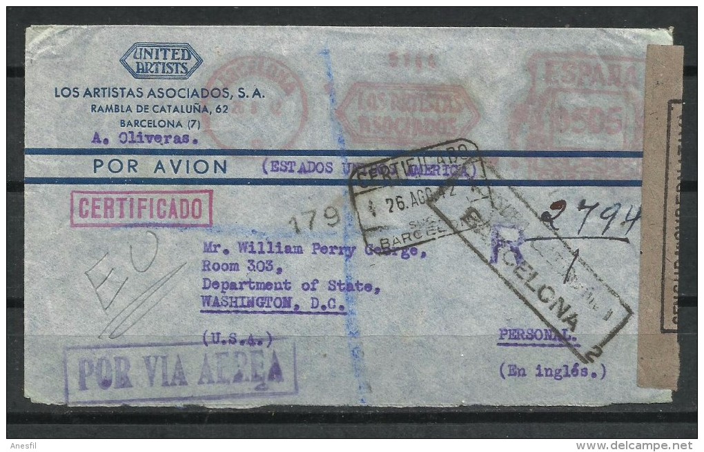 Estado Español. 1942_Correo Aéreo Certificado De Barcelona  Al Departamento De Estado En Washington D.C. - Covers & Documents