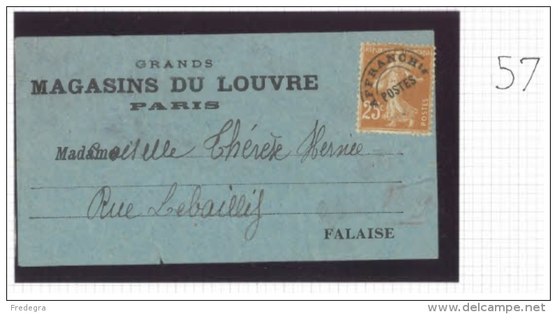 Préo 57 - 25c Semeuse Sur étiquette D´imprimé Grands Magasins Du Louvre Paris Pour Falaise Calvados - 1893-1947