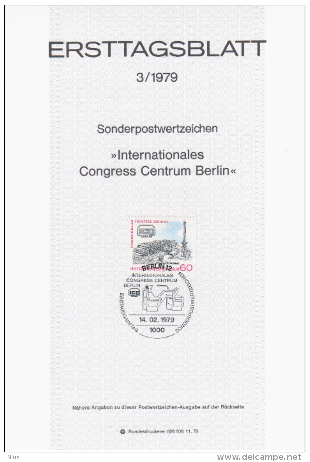 Germany Deutschland 1979-03 ETB ERSTTAGSBLATT "Internationales Congress Centrum" First Day Sheet, Berlin - 1974-1980