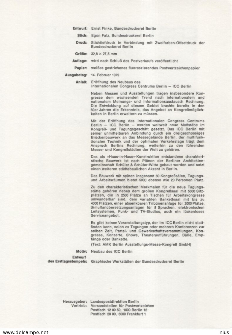 Germany Deutschland 1979-03 ETB ERSTTAGSBLATT "Internationales Congress Centrum" First Day Sheet, Berlin - 1974-1980