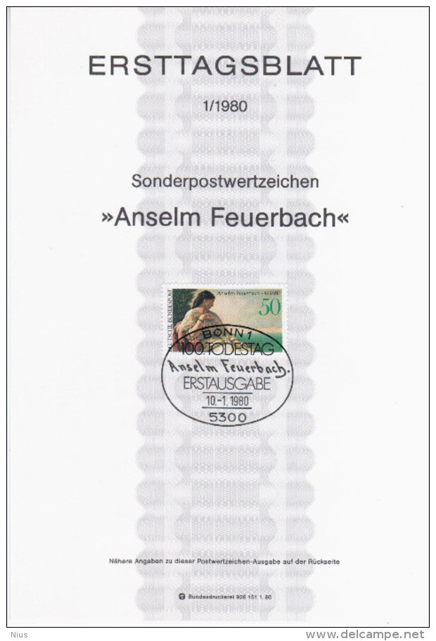 Germany Deutschland 1980-1 ETB ERSTTAGSBLATT "Anselm Feuerbach" Painter, First Day Sheet, Canceled In Bonn - 1974-1980