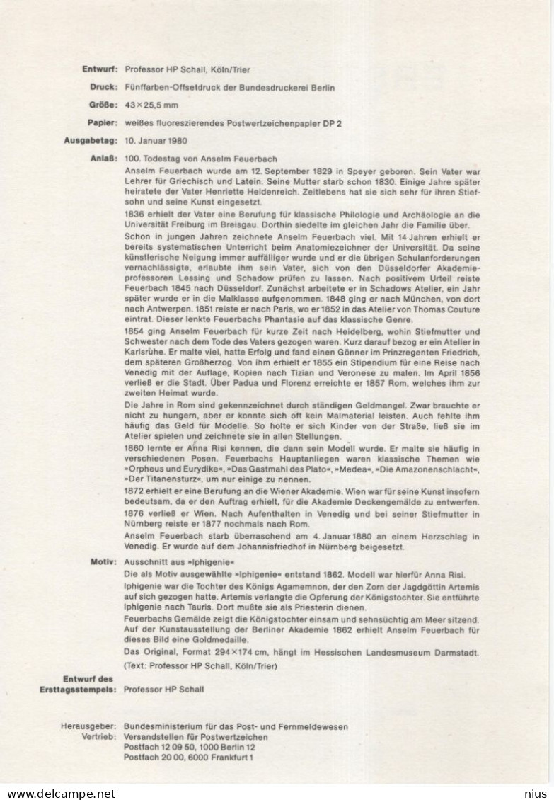 Germany Deutschland 1980-01 ETB ERSTTAGSBLATT "Anselm Feuerbach" Painter, First Day Sheet, Canceled In Bonn - 1974-1980