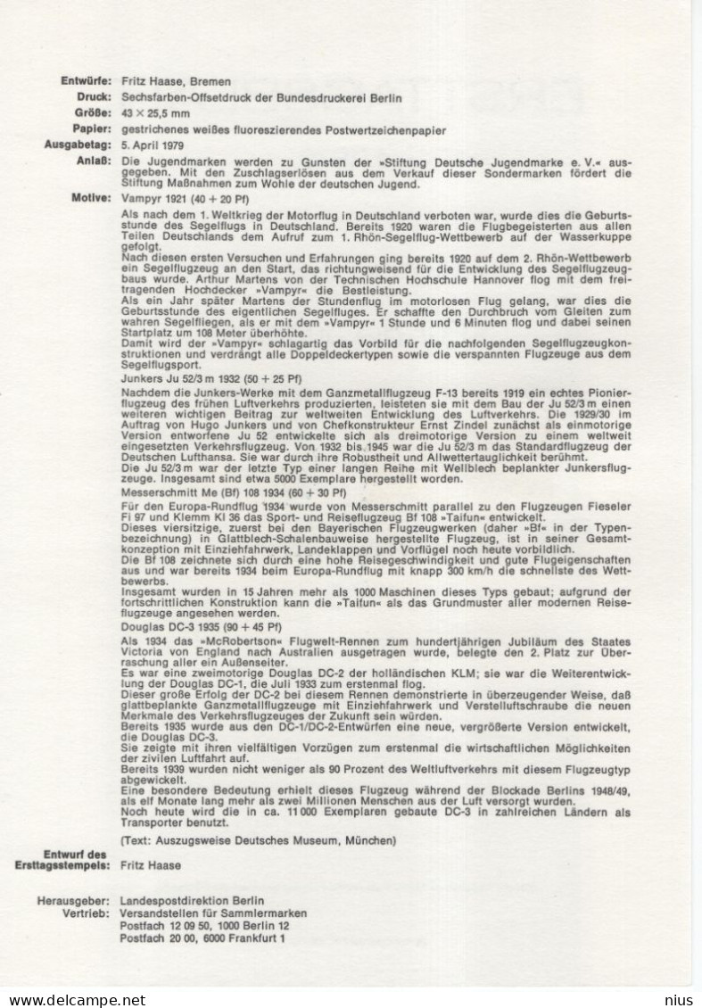 Germany Deutschland 1979-04 ERSTTAGSBLATT "Fur Die Jugend" Plane Airplane Aviation, First Day Sheet, Canceled In Berlin - 1974-1980