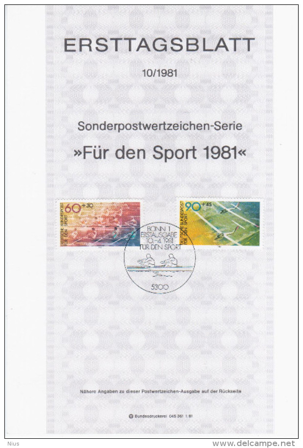 Germany Deutschland 1981-10 Fur Den Sport, Rowing, Sky Gliding Plane Aviation, Canceled In Bonn - 1974-1980