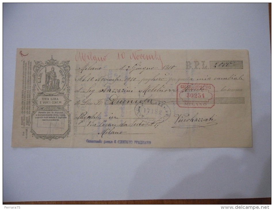 ASSEGNO BANCA POPOLARE DI LECCO   1910 - Cheques & Traveler's Cheques