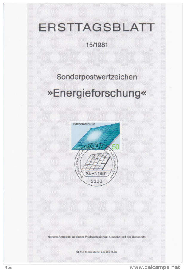 Germany Deutschland 1981-15 ETB ERSTTAGSBLATT "Energieforschung" Solar Battery, First Day Sheet, Bonn - 1981-1990