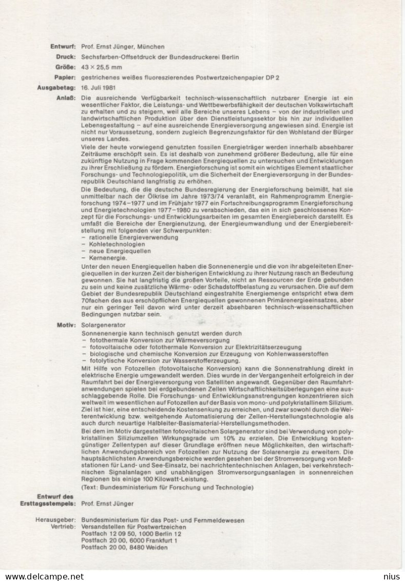 Germany Deutschland 1981-15 ETB ERSTTAGSBLATT "Energieforschung" Solar Battery, First Day Sheet, Bonn - 1981-1990