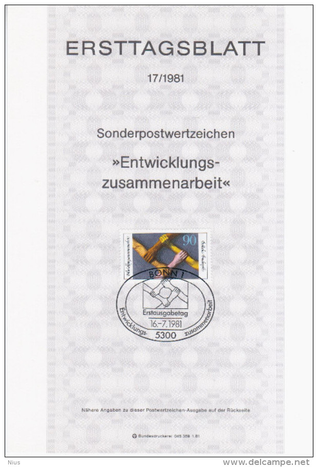 Germany Deutschland 1981-17 ETB Development Cooperation, Entwicklungszusammenarbeit, First Day Sheet, Canceled In Bonn - 1981-1990