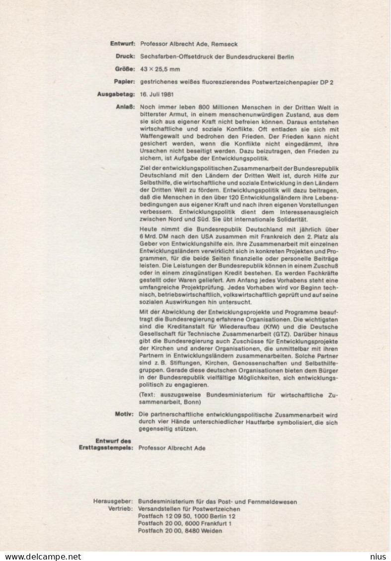 Germany Deutschland 1981-17 ETB Development Cooperation, Entwicklungszusammenarbeit, First Day Sheet, Canceled In Bonn - 1981-1990