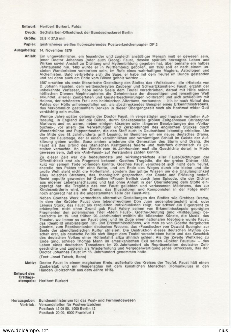Germany Deutschland 1979-25 Doctor Johannes Faust, First Day Sheet, Canceled In Bonn - 1974-1980