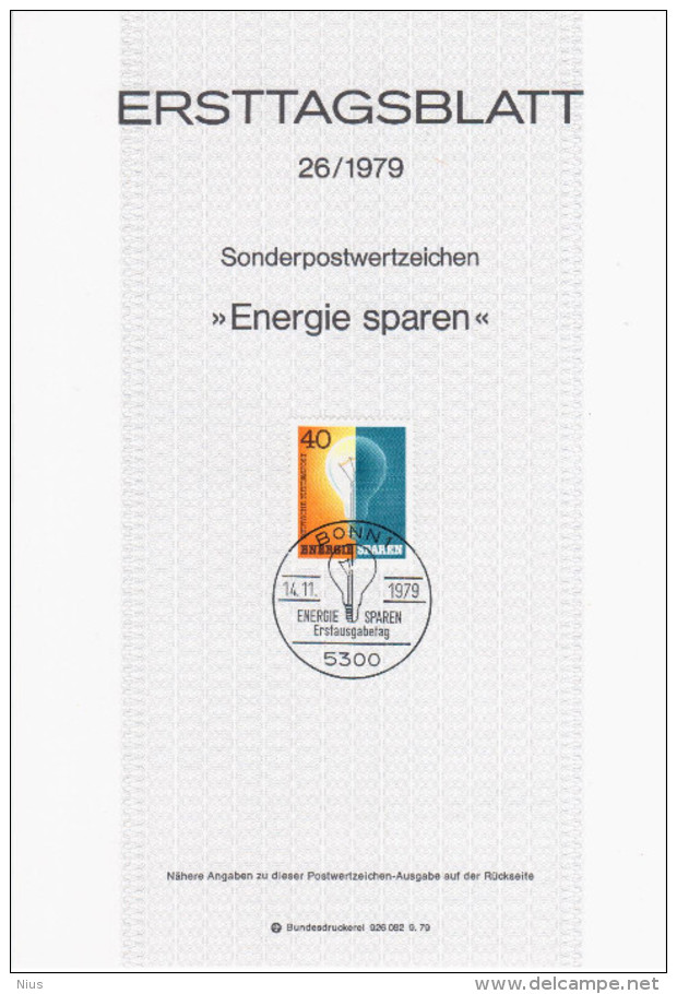 Germany Deutschland 1979-26 Energie Sparen, Save Energy, Physics, First Day Sheet, Canceled In Bonn - 1974-1980