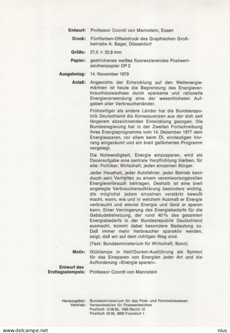 Germany Deutschland 1979-26 Energie Sparen, Save Energy, Physics, First Day Sheet, Canceled In Bonn - 1974-1980