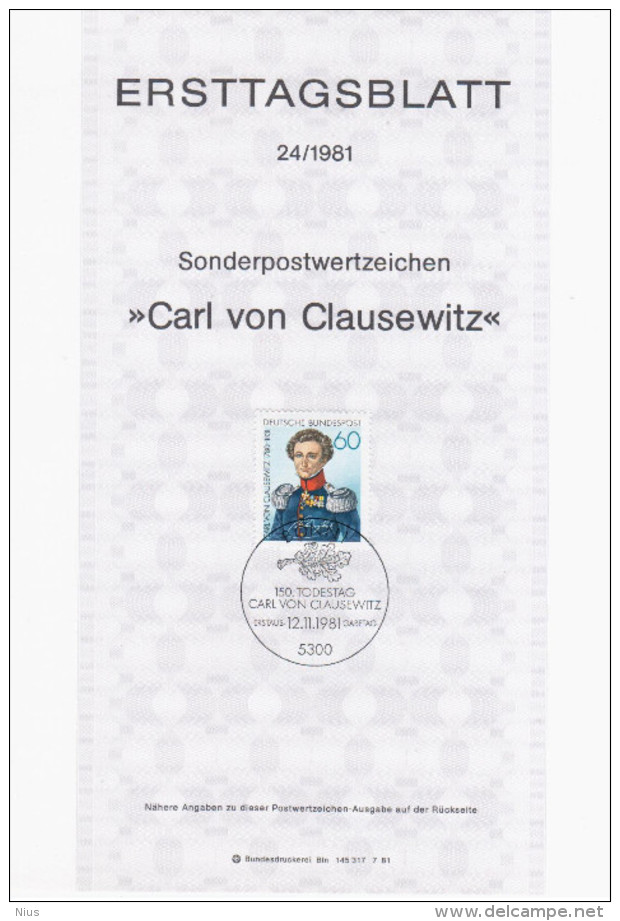 Germany Deutschland 1981-24 ETB ERSTTAGSBLATT "Carl Von Clausewitz" Prussian General, First Day Sheet, Bonn - 1981-1990