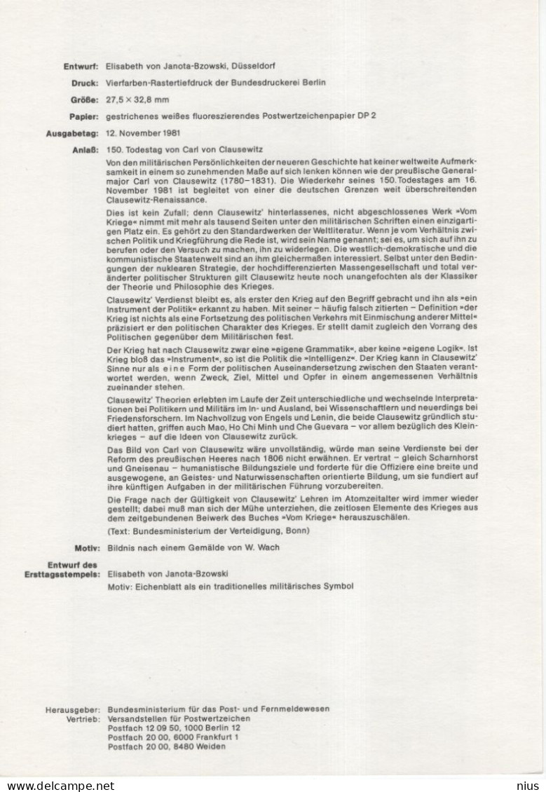 Germany Deutschland 1981-24 ETB ERSTTAGSBLATT "Carl Von Clausewitz" Prussian General, First Day Sheet, Bonn - 1981-1990