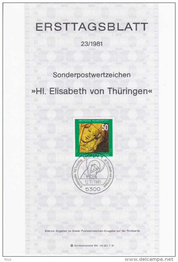 Germany Deutschland 1981-23 ETB "Hl. Elisabeth Von Thuringen" First Day Sheet, Princess Of The Kingdom Of Hungary, Bonn - 1981-1990