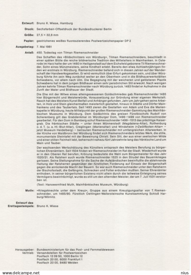 Germany Deutschland 1981-13 Tilman Riemenschneider, German Sculptor, First Day Sheet, Canceled In Bonn - 1981-1990