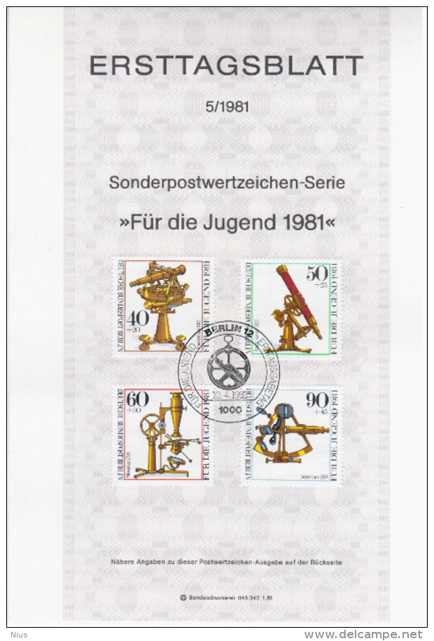 Germany Deutschland 1981-05 Fur Die Jugend, Microscope Telescope Optics, First Day Sheet, Canceled In Berlin - 1981-1990