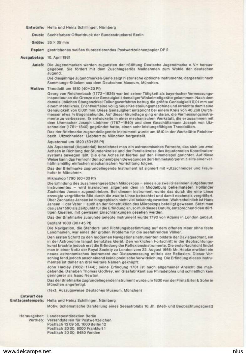 Germany Deutschland 1981-05 Fur Die Jugend, Microscope Telescope Optics, First Day Sheet, Canceled In Berlin - 1981-1990