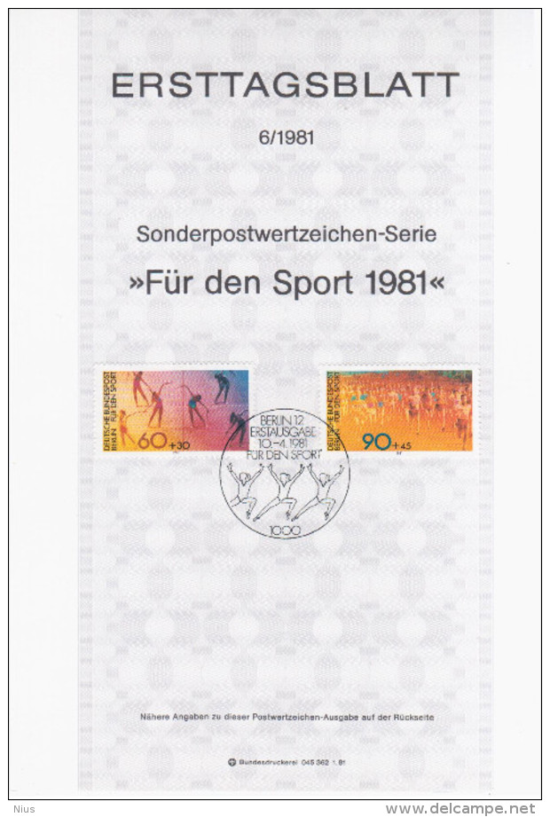 Germany Deutschland 1981-06 Fur Den Sport, Running Gymnastics, First Day Sheet, Canceled In Berlin - 1981-1990