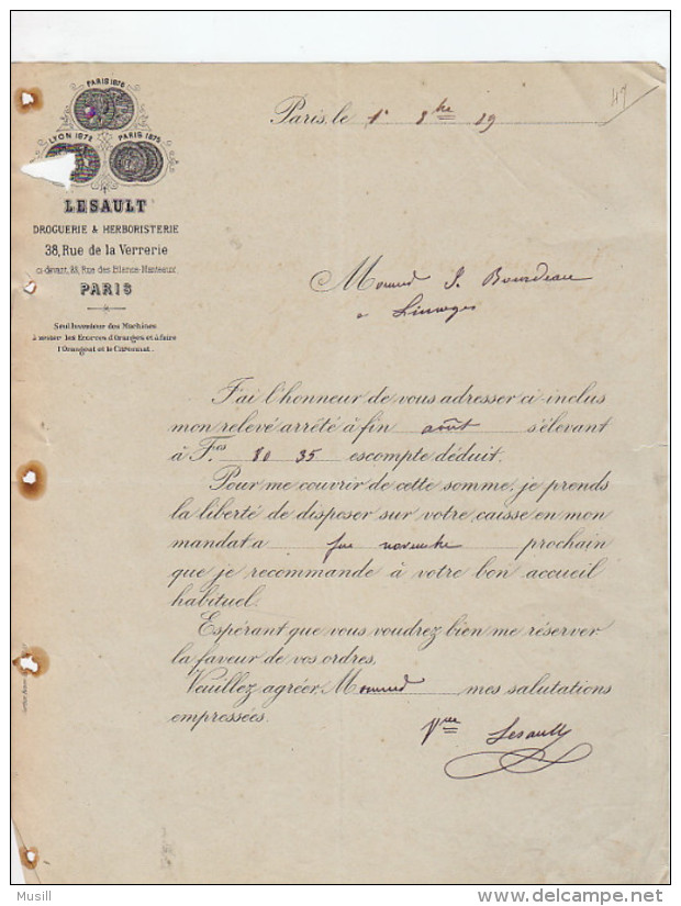 Lesault, Droguiste Pour Distillateurs, à Monsieur Bourdeau, Distillateur, Limoges. 1889 - Droguerie & Parfumerie