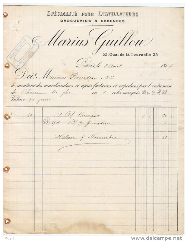Marius Guillou, Spécialité Pour Distillateurs, à Monsieur Bourdeau, Distillateur, Limoges. 1887 - Droguerie & Parfumerie