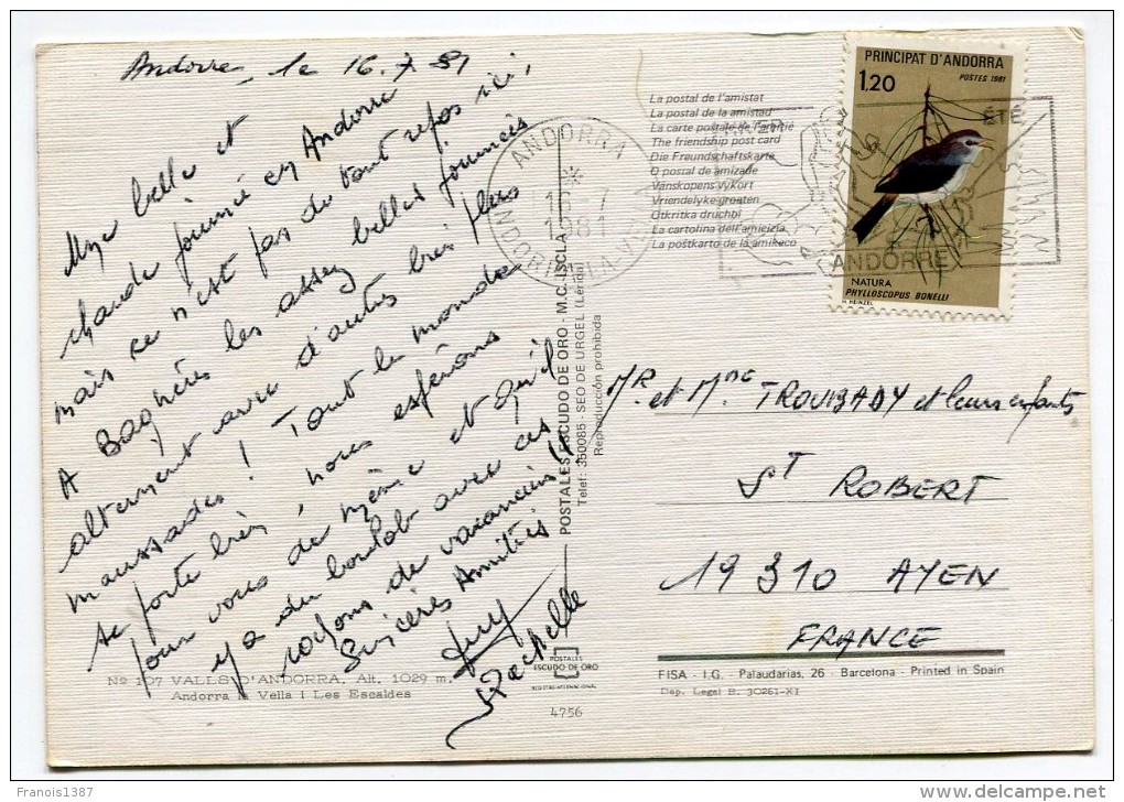 Ref 199 - CP ANDORRE 16 Juillet 1981 - Timbre Faune Oiseau - Tarif CP Non Urgente Du 1er Août 1980 - Cartas & Documentos