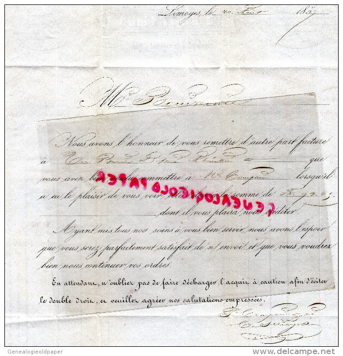 87 - LIMOGES - FACTURE COMPAIN & CIE- NEGOCIANT EN VINS - BORDEAUX 1859- TIMBRE 20 CENTIMES BLEU NON DENTELE EMPIRE - 1800 – 1899