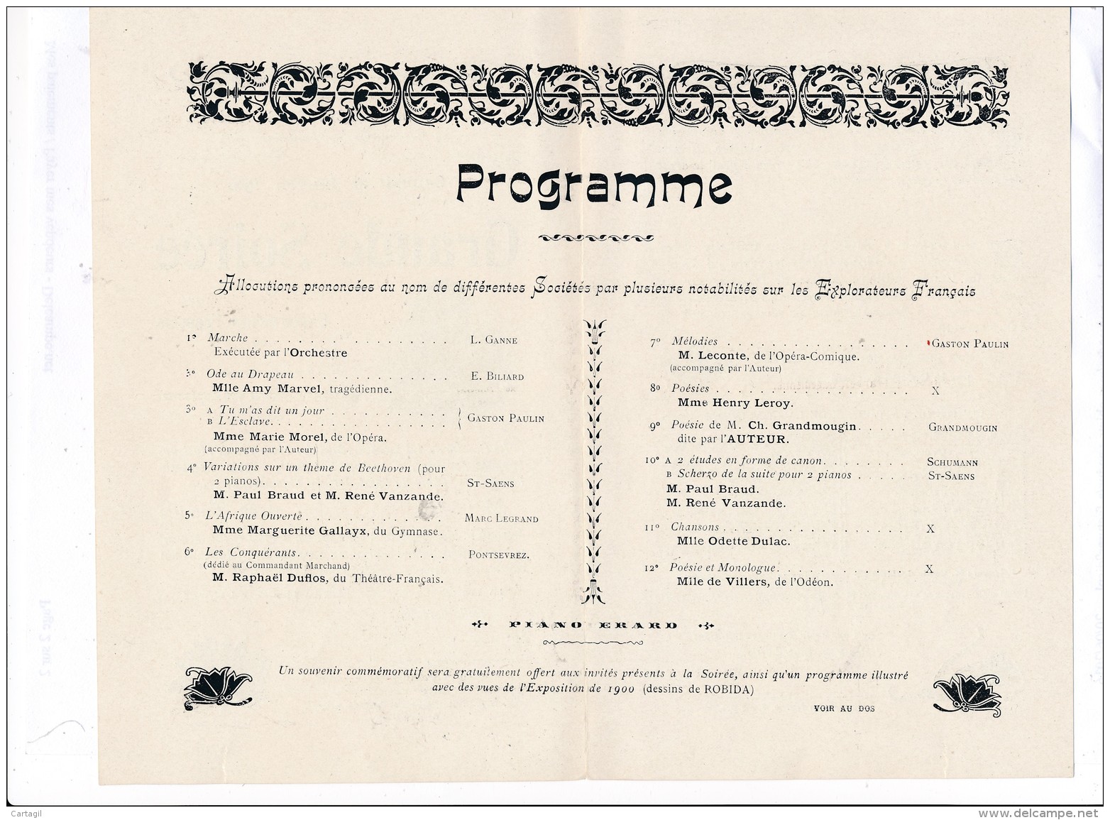 AC - B2087 - Document  Programme  Nvitation Grande Soirée Des Explorateurs Français En 1900 - Déchirure ( 2 Scans) - Programs