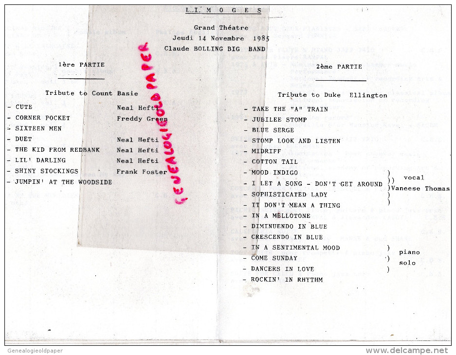 87 - LIMOGES - PROGRAMME MUSIQUE JAZZ- CLAUDE BOLLING - AU GRAND THEATRE - 14 NOVEMBRE 1985 - Programme