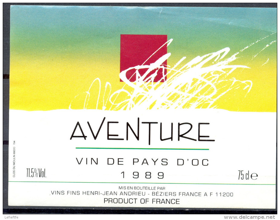 228 - Vin De Pays D'Oc - 1989 - Aventure - Vins Fins Henri-Jean Andrieu - Béziers 11200 - Vin De Pays D'Oc