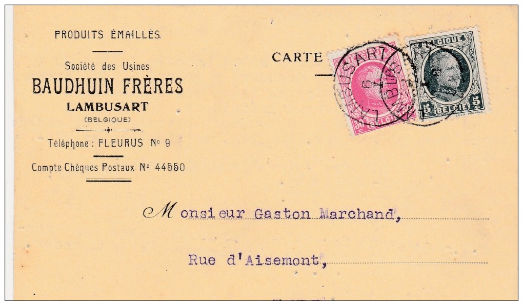 Lambusart   ,carte Publicité   ,  Baudhuin Frères,  Produit émaillé - Fleurus