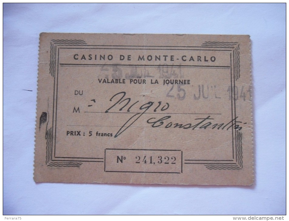 TESSERA BIGLIETTO D'INGRESSO CASINò DI MONTECARLO 1941 - Altri & Non Classificati