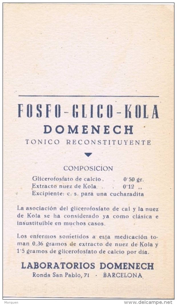 18495. Tarjeta Publicidad FOSFO GLUCO KOLA Domenec De Barcelona - Publicidad