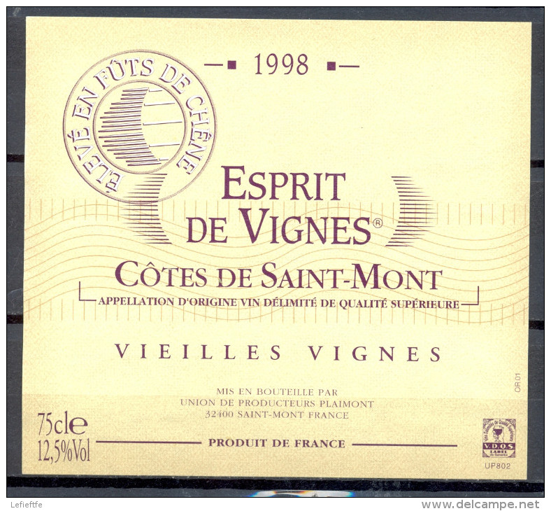 216 - Côtes De Saint Mont - 1998 - Esprit Des Vignes - Vieilles Vignes - Union Des Producteurs Plaimont 32400 Saint Mont - Vino Tinto