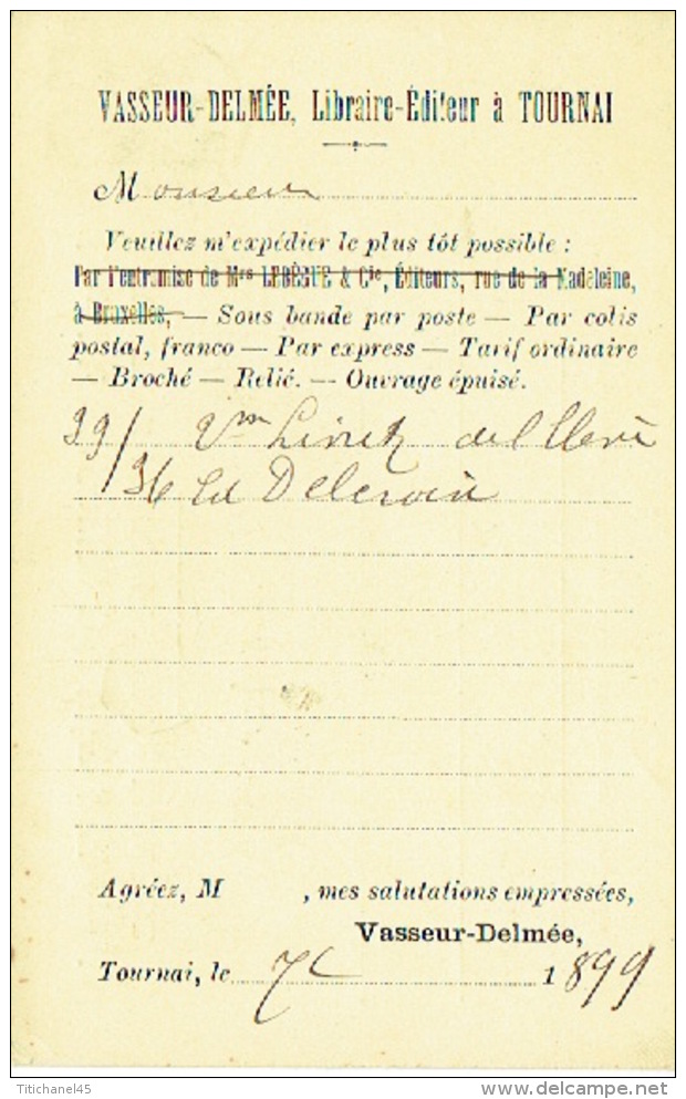 CP/PK Publicitaire TOURNAI 1899 - VASSEUR-DELMEE - Librairie - Tournai