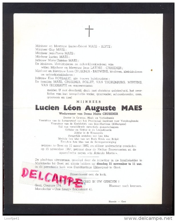 Devotie Doodsbrief - Dokter Lucien Maes - Gent 1882 - 1967 - Overlijden