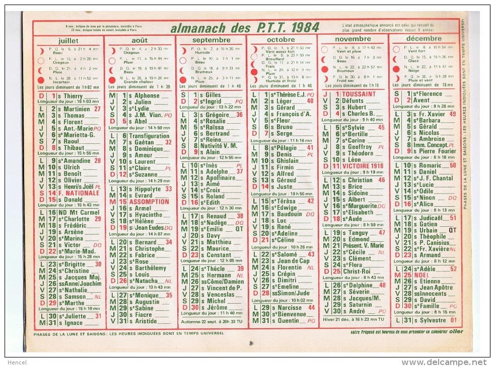 CALENDRIER-ALMANACH Des PTT 1984 (SEMESTRIEL GEANT) OLLER  Dpt 77 - Tamaño Grande : 1981-90